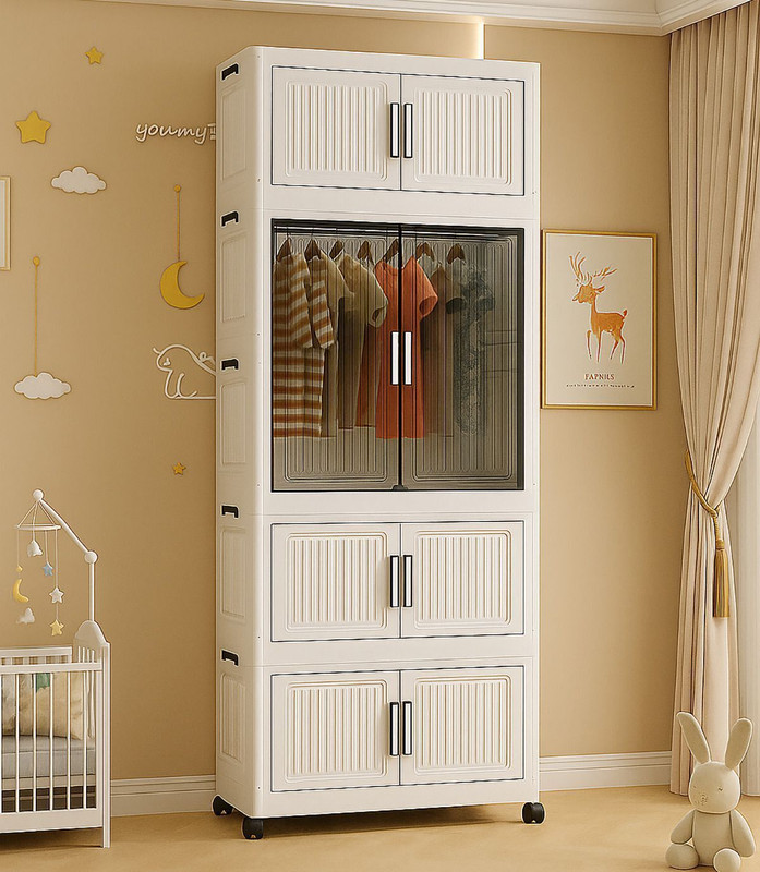 Sasimo 1-Wardrobe 4-Door 4-Shelf Plastic foldable Cupboard PC Collapsible Wardrobe(Finish Color - 4.White, DIY(Do-It-Yourself))