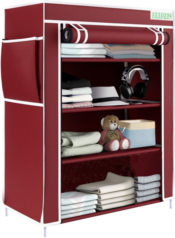 FLIPZON Multipurpose 4 Shelve Wardrobe, (Iron and Non-Woven Fabric) PP Collapsible Wardrobe(Finish Color - Maroon, DIY(Do-It-Yourself))
