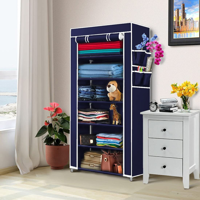 Zofiy 1 Door 6 Shelf Multipurpose Wardrobe for Clothes Storage Organizer Shelf Cabinet PP Collapsible Wardrobe(Finish Color - NEVY BLUE, DIY(Do-It-Yourself))