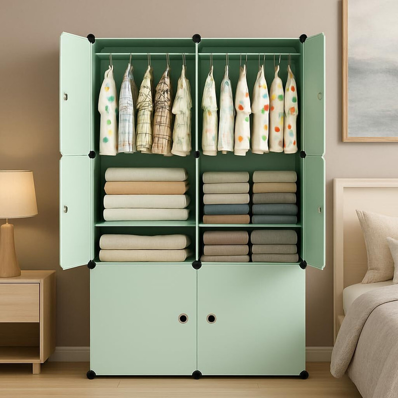 Evrum 6-Door 8-Shelf Plastic almirah for kids, almirah of clothes ,cupboard PC Collapsible Wardrobe(Finish Color - GREEN/U3, DIY(Do-It-Yourself))