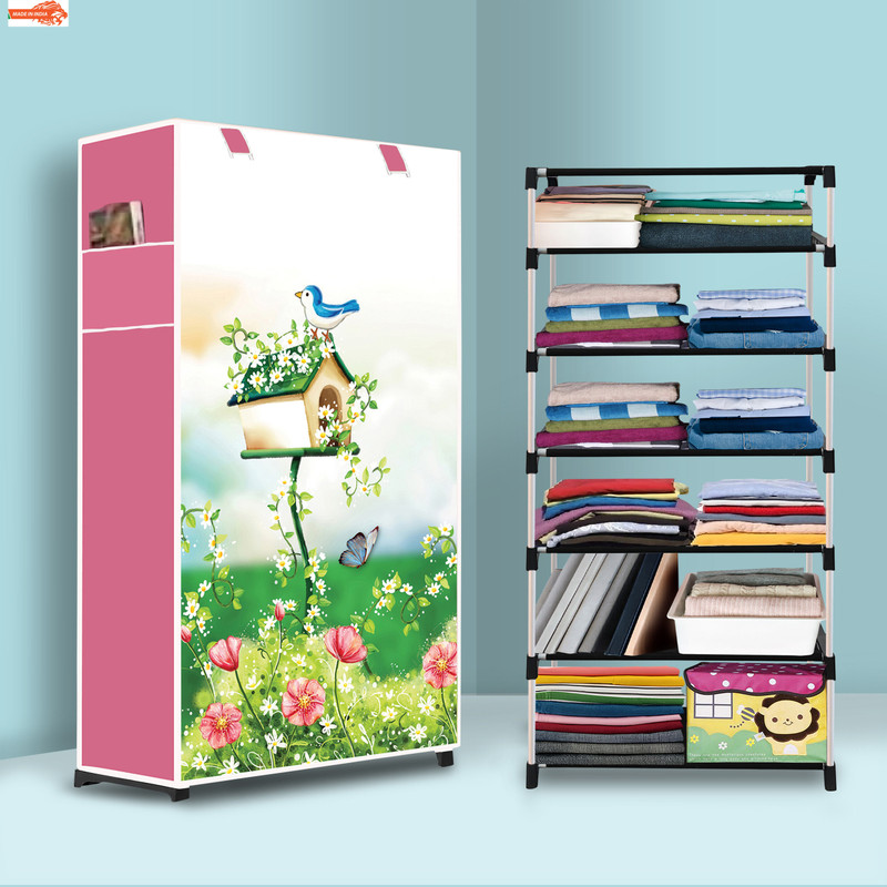 POOWEREST 6 Shelf Foldable Collapsible Wardrobe Storage Organizer Almirah Cloth Rack PVC Collapsible Wardrobe(Finish Color - House Tree Pink Modern Print, DIY(Do-It-Yourself))