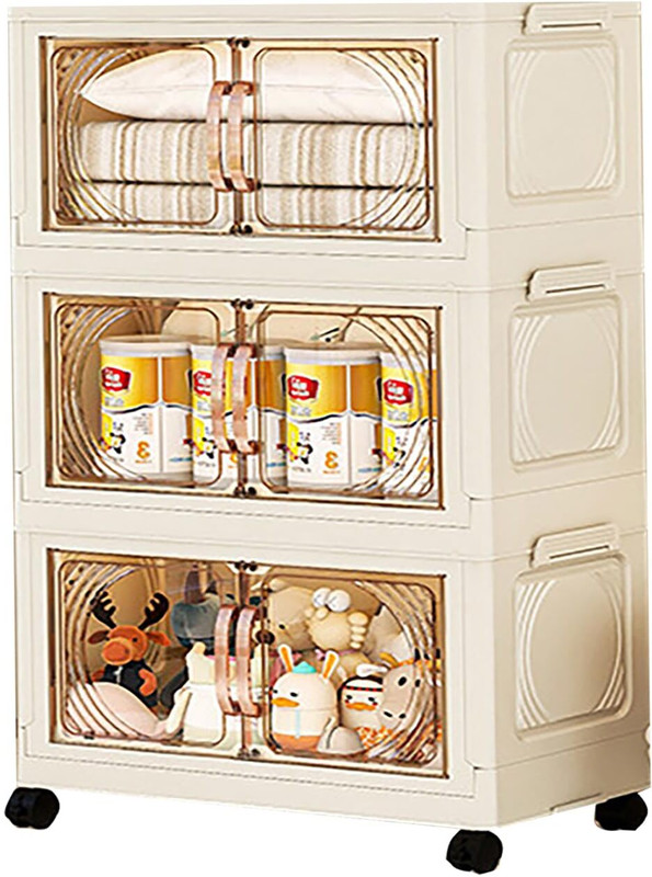 HOUSE OF QUIRK 3-Layer Storage Cabinet with Wheels for Home, Living Room, Bedroom -55Cm PVC Collapsible Wardrobe(Finish Color - Cream, DIY(Do-It-Yourself))