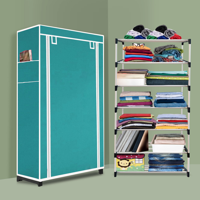 MEZIRE Compact 6-Layer Wardrobe/Shoe Rack Foldable for Clothes, Home Organizer/Home PP Collapsible Wardrobe(Finish Color - Aqua, DIY(Do-It-Yourself))