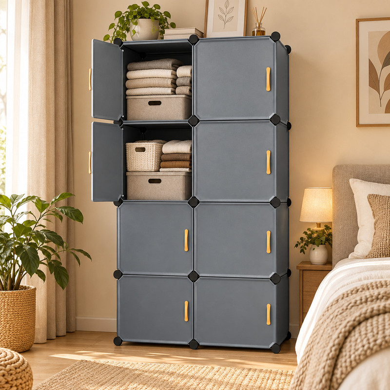 KriShyam ® 8 Door Modular Wardrobe Cabinet with Side Hooks, Plastic Storage Organizer PP Collapsible Wardrobe(Finish Color - 8 BOX GREY, DIY(Do-It-Yourself))