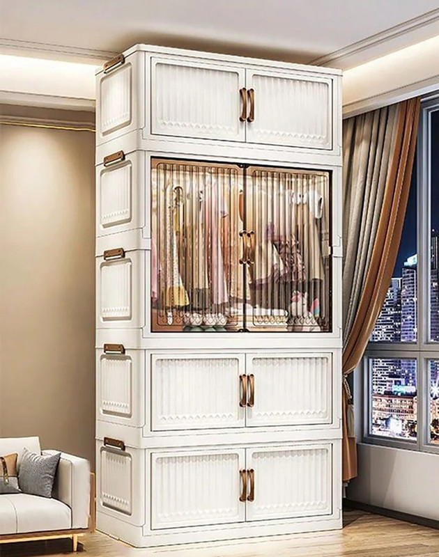 Sasimo 1-Wardrobe 4-Door 4-Shelf Plastic foldable Cupboard PC Collapsible Wardrobe(Finish Color - 4(White), DIY(Do-It-Yourself))