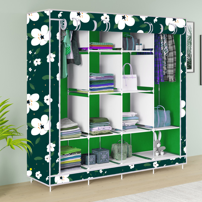 ZENVEXYO 3 Fold 12 Rack Printed Carbon Steel Collapsible Wardrobe(Finish Color - D SER_White Lily Print, DIY(Do-It-Yourself))