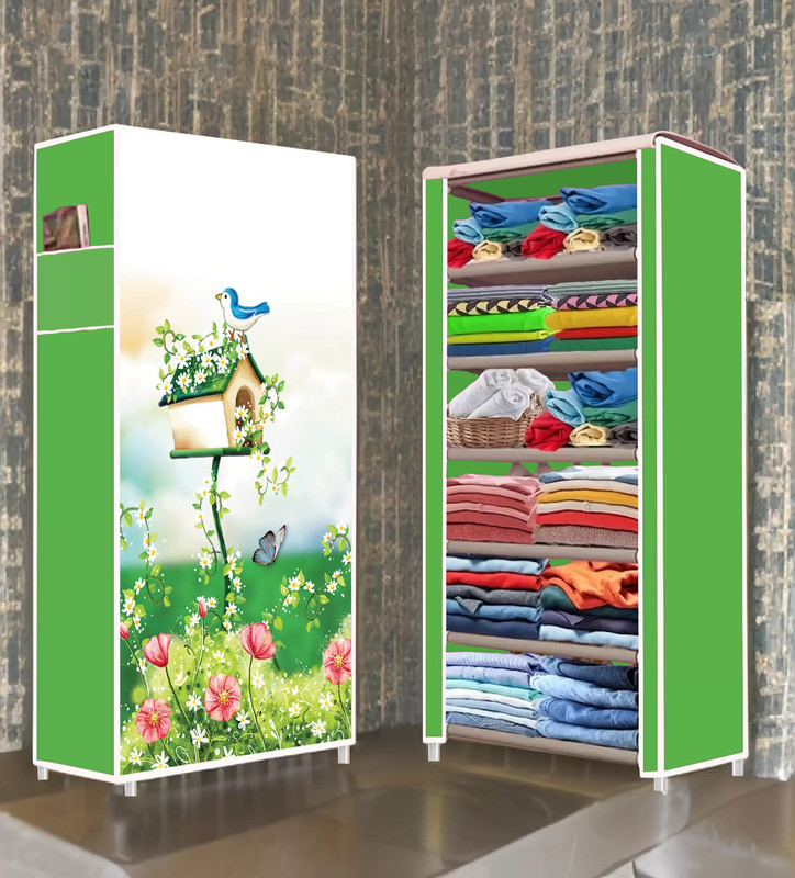 CMerchants Bird Tree House Print Green Wardrobe 6 Layer PP Collapsible Wardrobe(Finish Color - GREEN, DIY(Do-It-Yourself)) - 61% off at DetectaDeal