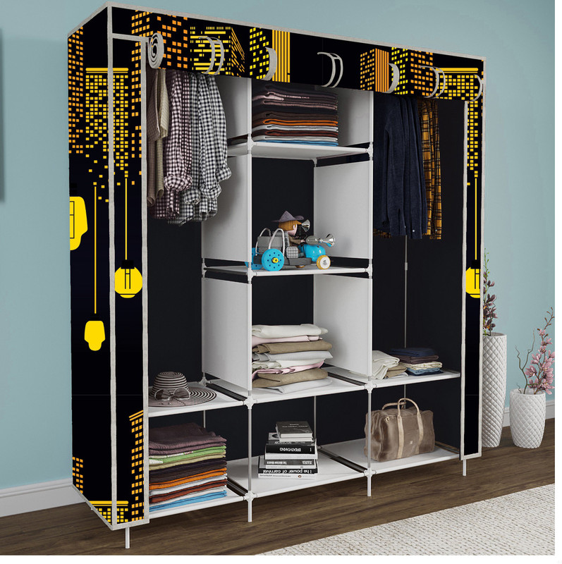 MEZIRE 8 Shelf Foldable Collapsible Wardrobe Storage Organizer Almirah Cloth Rack PP Collapsible Wardrobe(Finish Color - Premium Building Black (11), DIY(Do-It-Yourself))
