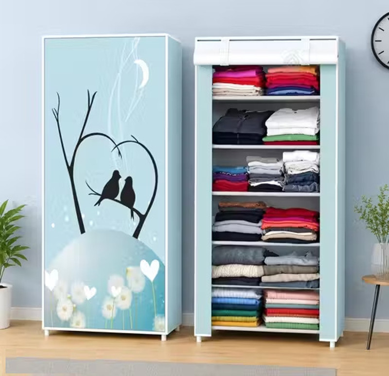 CMerchants 6 Layer Love Bird Print Carbon Steel Collapsible Wardrobe(Finish Color - Sky Blue, DIY(Do-It-Yourself))