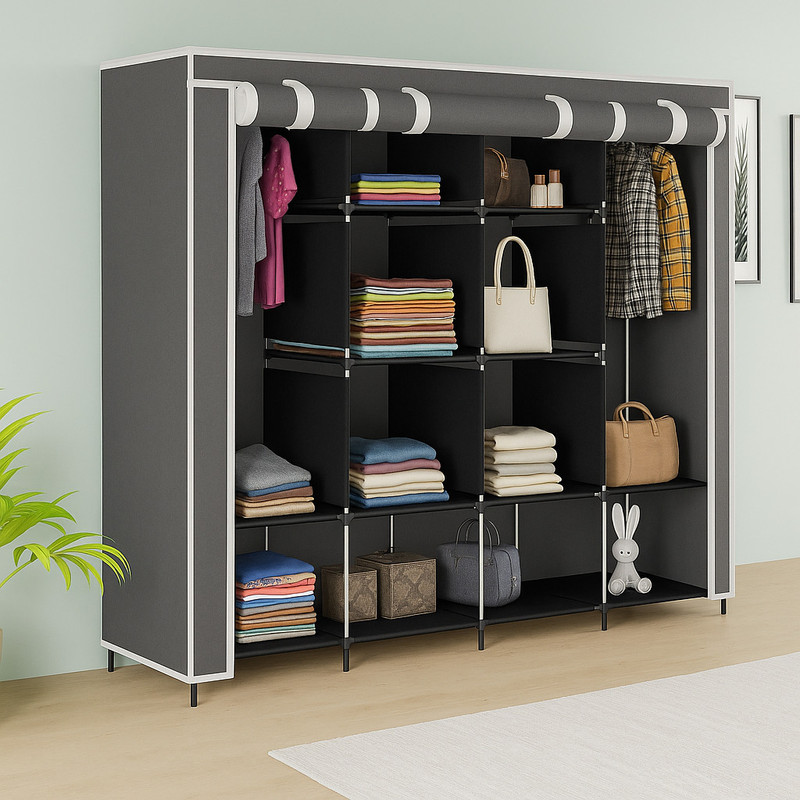 MS MODSTYLE portable Almirah Foldable closet for Clothes 12 Shelves , 1 Side Pocket (88170) PP Collapsible Wardrobe(Finish Color - Grey, DIY(Do-It-Yourself))