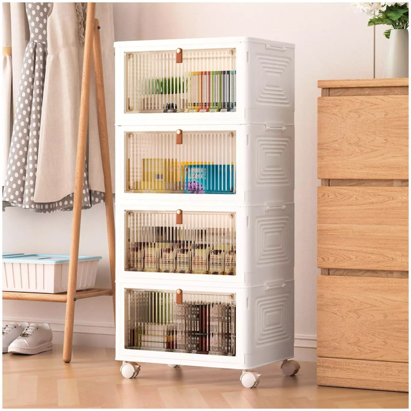 Owme 4 Tier Stackable Plastic Storage Bins with Wheels - Organizers for Cupboard Rack Carbon Steel Collapsible Wardrobe(Finish Color - YFX PACK 4, DIY(Do-It-Yourself))