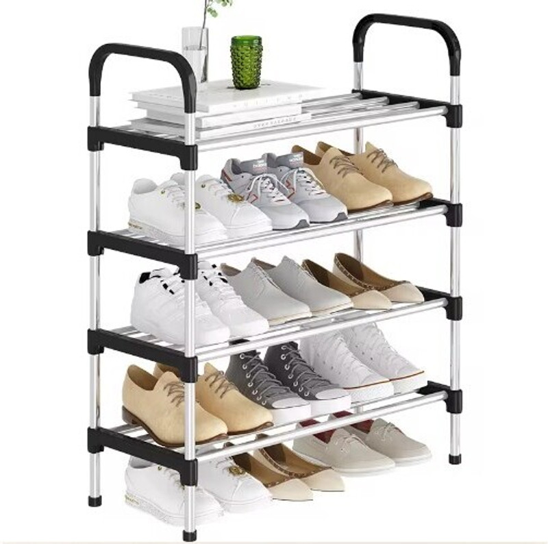 KriShyam ® 4 layer Stackable Shoe Rack, Free-standing Stainless Steel Shoe Storage Shelf PP Collapsible Wardrobe(Finish Color - 4 Shelves Black & Silver, DIY(Do-It-Yourself))