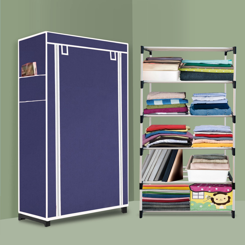 INSIDE STYLE Portable Collapsible Cloth Wardrobe – 6 Shelf Foldable Storage Cabinet PP Collapsible Wardrobe(Finish Color - Navy Blue, DIY(Do-It-Yourself))