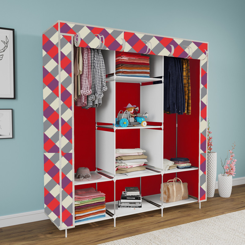 GALLAXY 3 Door 8 Shelf Printed Cotton Collapsible Wardrobe(Finish Color - Diamond Wall Printed, DIY(Do-It-Yourself))