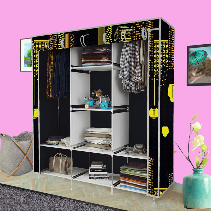 SHOEVAULT 8 Shelf Foldable Collapsible Wardrobe Storage Organizer Almirah Cloth Rack Carbon Steel Collapsible Wardrobe(Finish Color - BROWN, DIY(Do-It-Yourself))