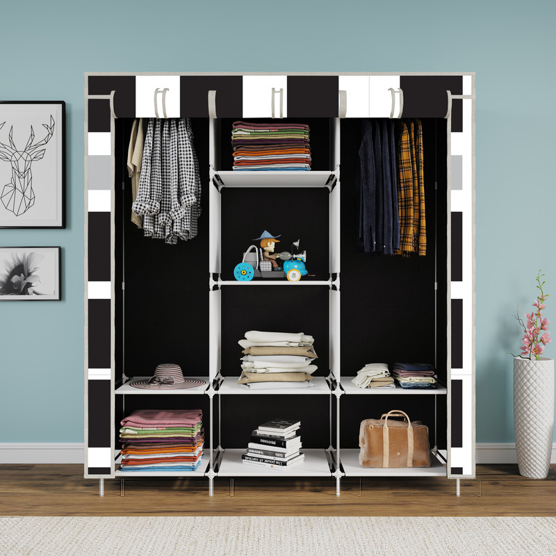 MEZIRE 6+2 Almirah Portable Steel Frame Cloth Organizer with Fabric Cover & Storage Carbon Steel Collapsible Wardrobe(Finish Color - Black Print, DIY(Do-It-Yourself))