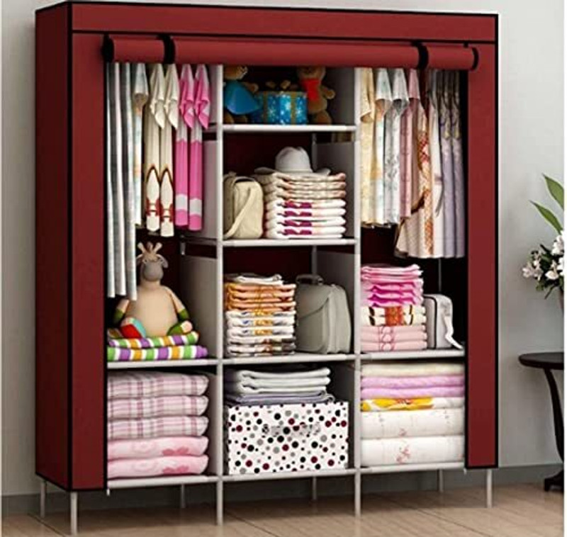 ZENVEXYO 88130 Micro Fiber metalic Carbon Steel Collapsible Wardrobe(Finish Color - Maroon, DIY(Do-It-Yourself))