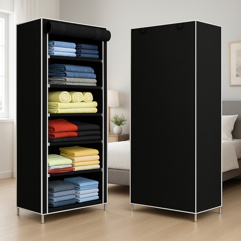 Porchex 6 Shelves Clothes Storage Rack Wardrobe/Cabinet/Multipurpose , Foldable, PP Collapsible Wardrobe(Finish Color - Black, DIY(Do-It-Yourself))