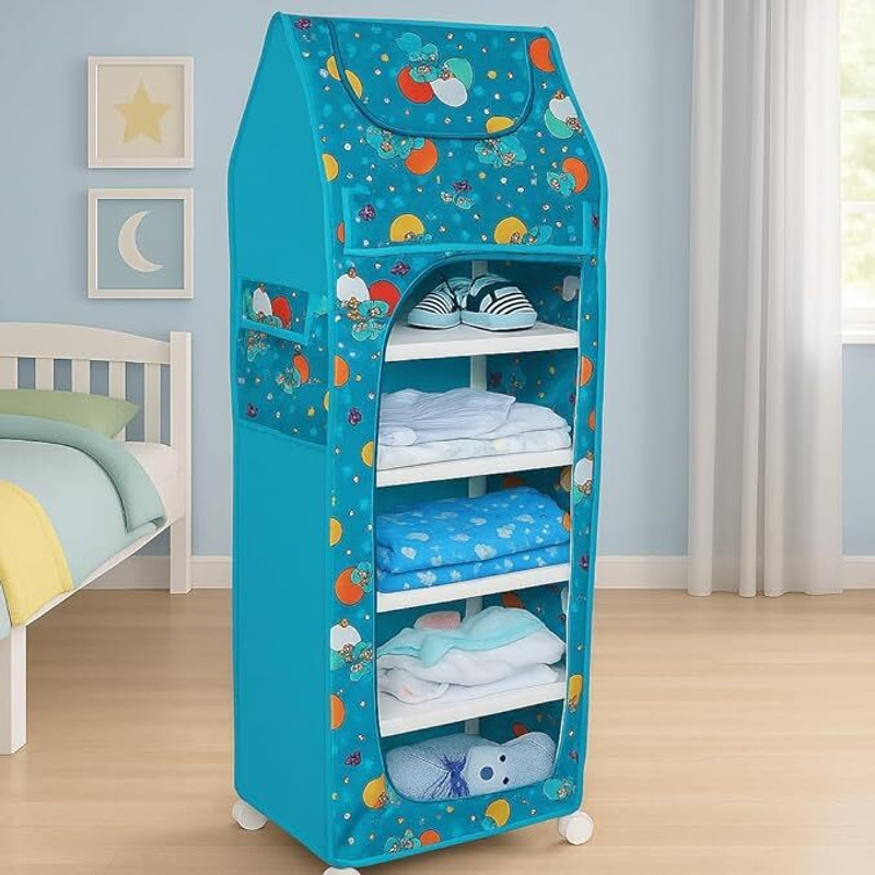 Porchex 1 Door 6 Shelf Fabric Plastic Digital Print ,Office , Badroom,Kids rooms,Storage PP Collapsible Wardrobe(Finish Color - Firozi, DIY(Do-It-Yourself))