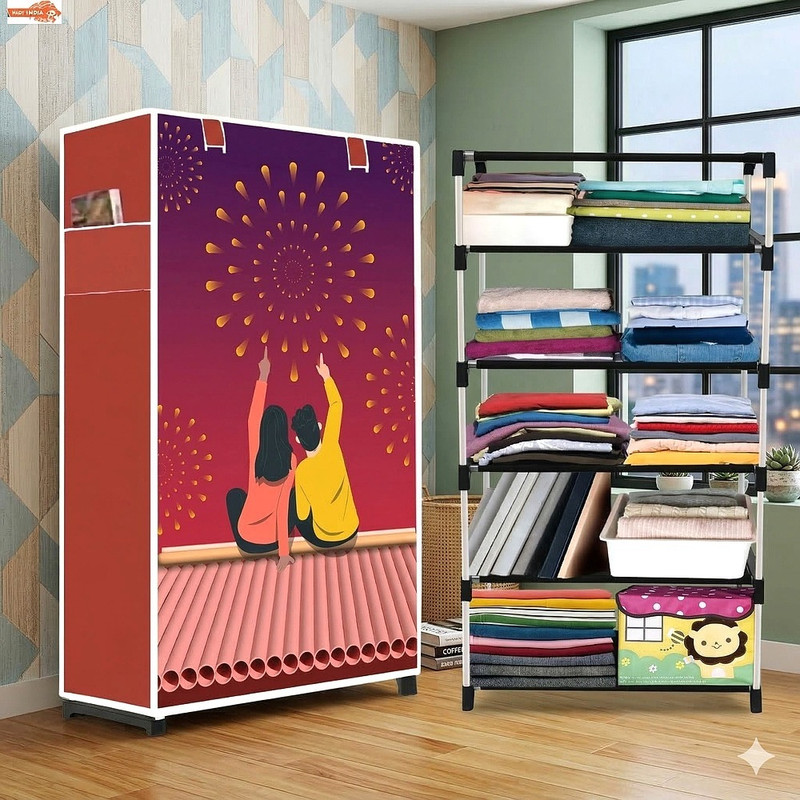 ZENVEXYO 5 Shelf Foldable Collapsible Wardrobe Storage Organizer Almirah Cloth Rack Micro Fiber Collapsible Wardrobe(Finish Color - Couple Modern Printed, DIY(Do-It-Yourself))
