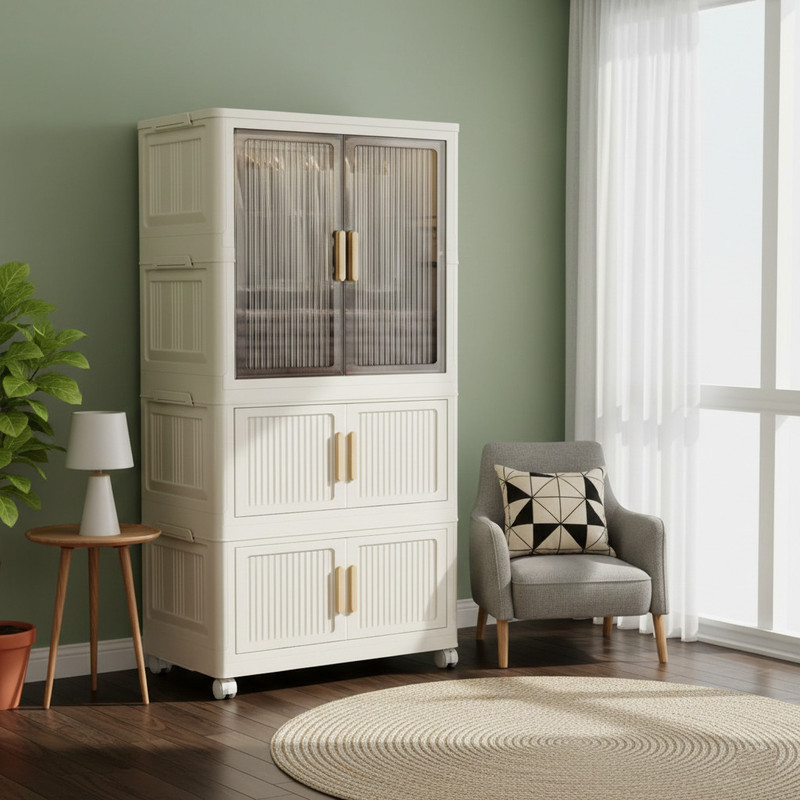 KriShyam ® Modular Plastic Wardrobe Storage Cabinet with Transparent Sliding Doors&Wheels PP Collapsible Wardrobe(Finish Color - 2 Layer - 1 Transparent Door (White), DIY(Do-It-Yourself))