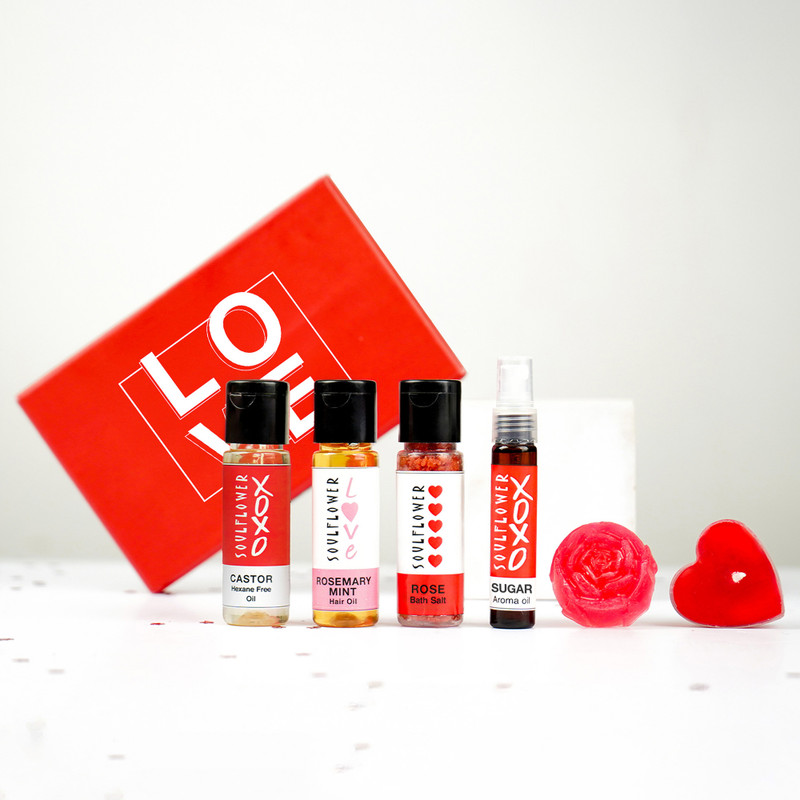 Soulflower Love and Roses Valentines Day Gift Set with Rose Bath Salt,Aroma Oil, Rose Soap Combo Set