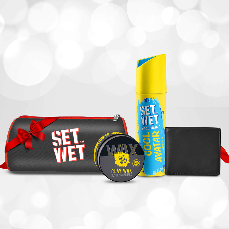 SET WET Men’s Styling Gift Set – Clay Wax, Cool Avatar Deodorant + Wallet for Men Combo Set (Set of 3)