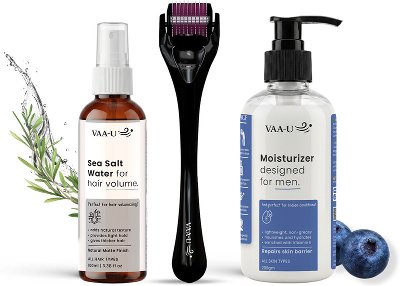 VAA-U Sea Salt Hair Spray (100ml) with Derma Roller (0.5mm) & Moisturizer for Men (200g)(3 Items in the set)
