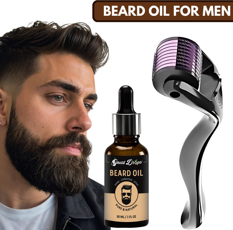 smartdrops Beard Growth Oil With Argan Oil, jojoba oil Healthier and shiner Hair & Derma roller 0.5mm for hair Growth(1 Items in the set)