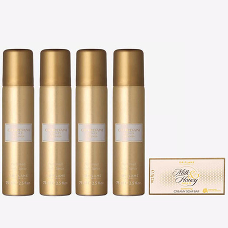 Oriflame GIORDANI GOLD Essenza Perfumed Body Spray 75 ml (pack of 3) with MILK & HONEY Soap 100g(4 Items in the set)
