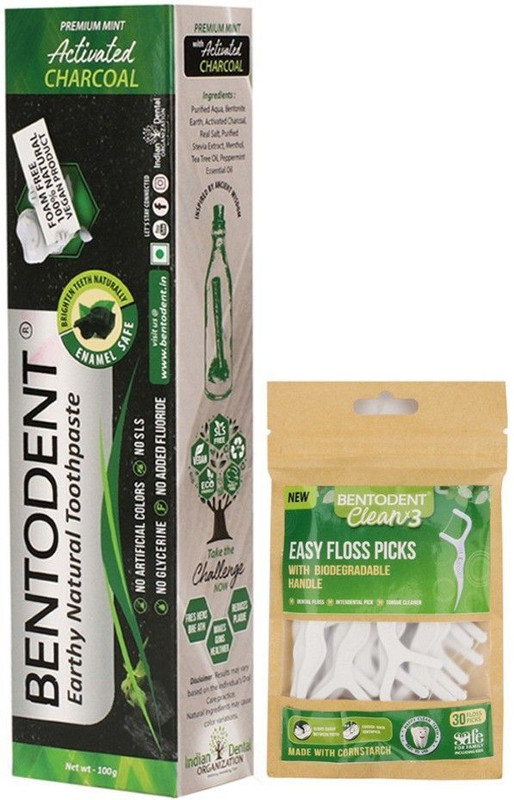 bentodent Activated Charcoal toothpaste with Biodegradable Clean x 3 Dental Floss Picks (30 Qty)(2 Items in the set)
