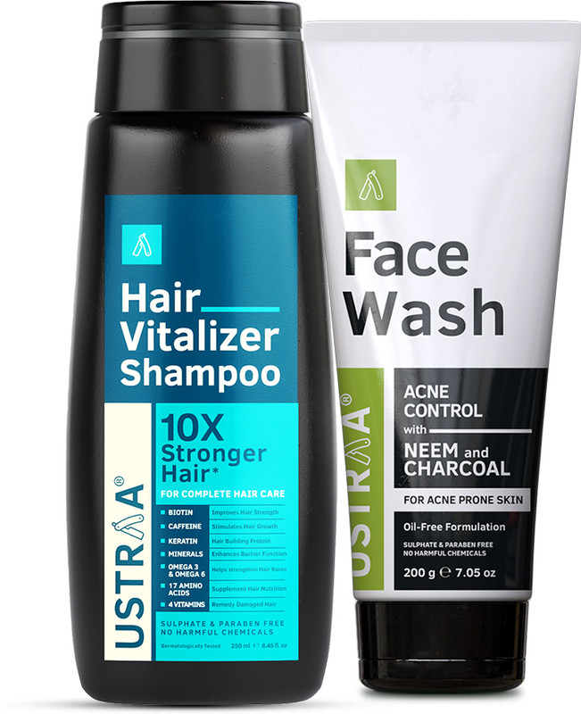 USTRAA Anti Hair Fall Shampoo - 250ml & Face Wash Acne Control with Neem&Charcoal 200g(2 Items in the set)