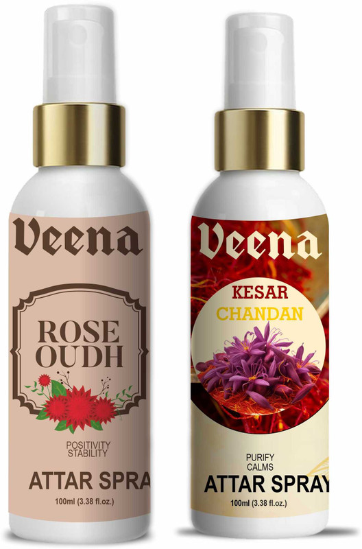 Veena Combo Unisex Rose Odh & Kesar Chandan Spray Natural Fragrance Long-Lasting Perfume Attar for temple and Personal use 100 ml(2 Items in the set)