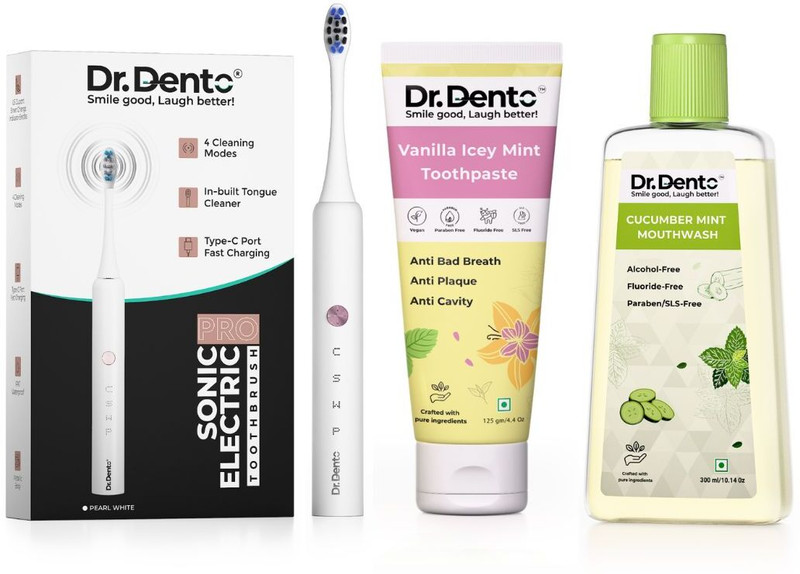 Dr.Dento Neo Electric Toothbrush Ocean Blue + Vegan Vanilla Icey Mint Toothpaste 125g & Alcohol-Free Watermelon Mint Mouthwash 300ml(3 Items in the set)
