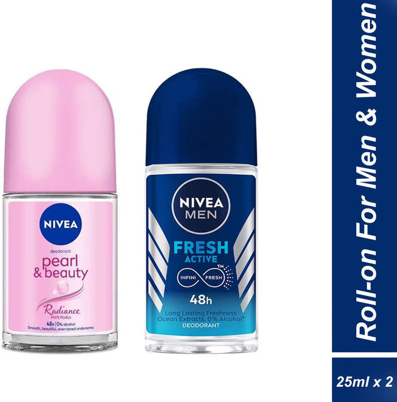 NIVEA Fresh Active and Pearl & Beauty Radiance roll-on for Men & Women |25ml Each| Deodorant Roll-on - For Men & Women(50 ml, Pack of 2)