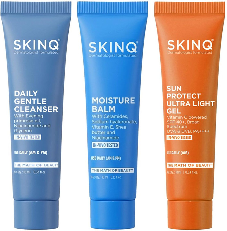 SKINQ Daily Essentials MiniQ Combo | Cleanser, Moisturizer & Sunscreen SPF 50+ | 3-Step Basic Skincare Routine & Trial Kit | 10ml Each(3 Items in the set)