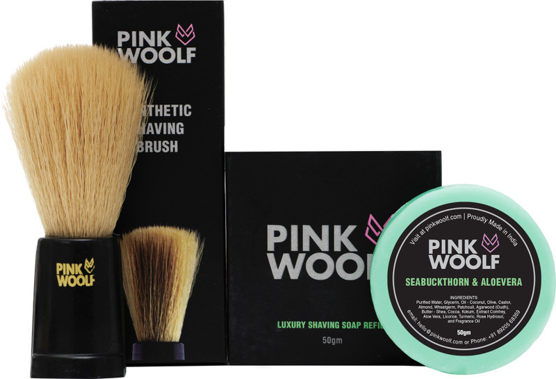 Pink Woolf Shaving COMBO | Soft Bristles Shaving Brush and Shaving Soap (REFILL) | For Men | Make Rich Energizing Lather for a True Wet Shaving Experience | Oudh & Sandalwood(2 Items in the set)