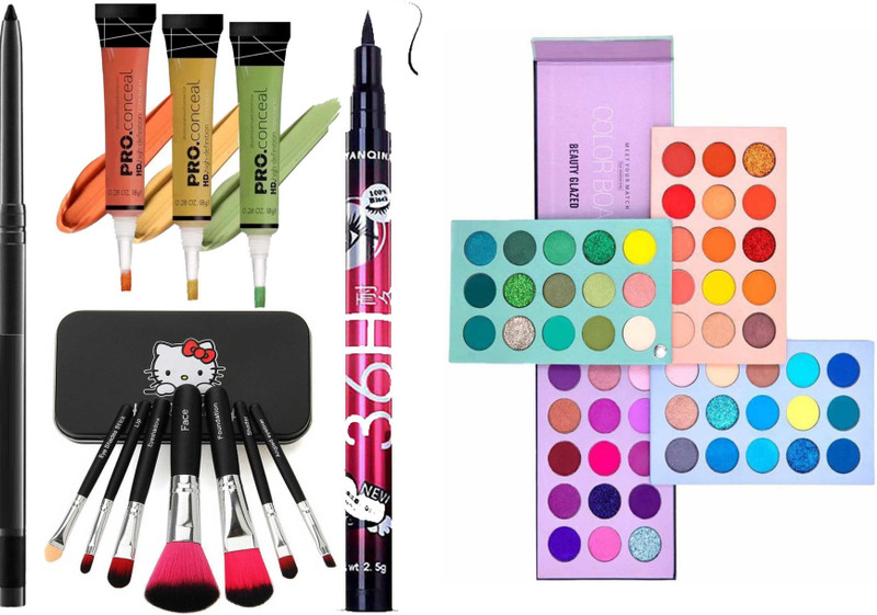 Dhanmann Professional 7 Makeup Brush & Yanqina 36H Deep Black Eyeliner & LA Orange Yellow Green Concealer Corrector(5 Items in the set)