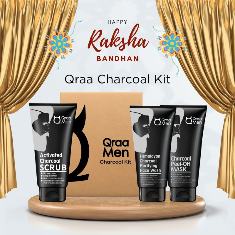 Qraa Men Charcoal Kit: Rakhi Gift For Brother |Scrub, Face wash, Peel-off Mask For Men-With Tea tree oil(3 Items in the set)