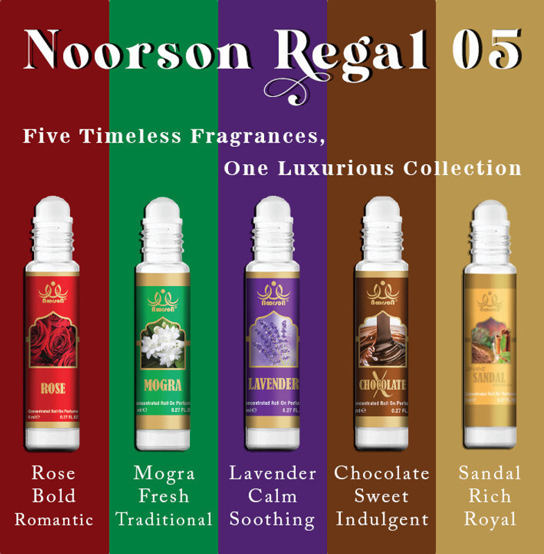 Noorson Rose,Mogra,Lavender,X Chocolate,Shahi Sandal Premium Quality Attar Combo(5 Items in the set)