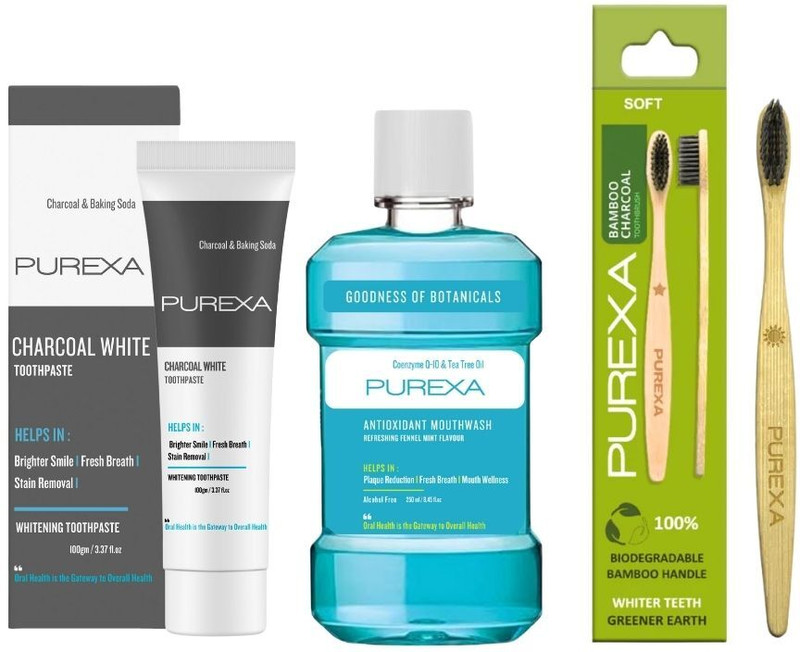 PUREXA Charcoal White Baking Soda Toothpaste with Antioxidant Fennel Mint Mouthwash and Bamboo Brush(3 Items in the set)