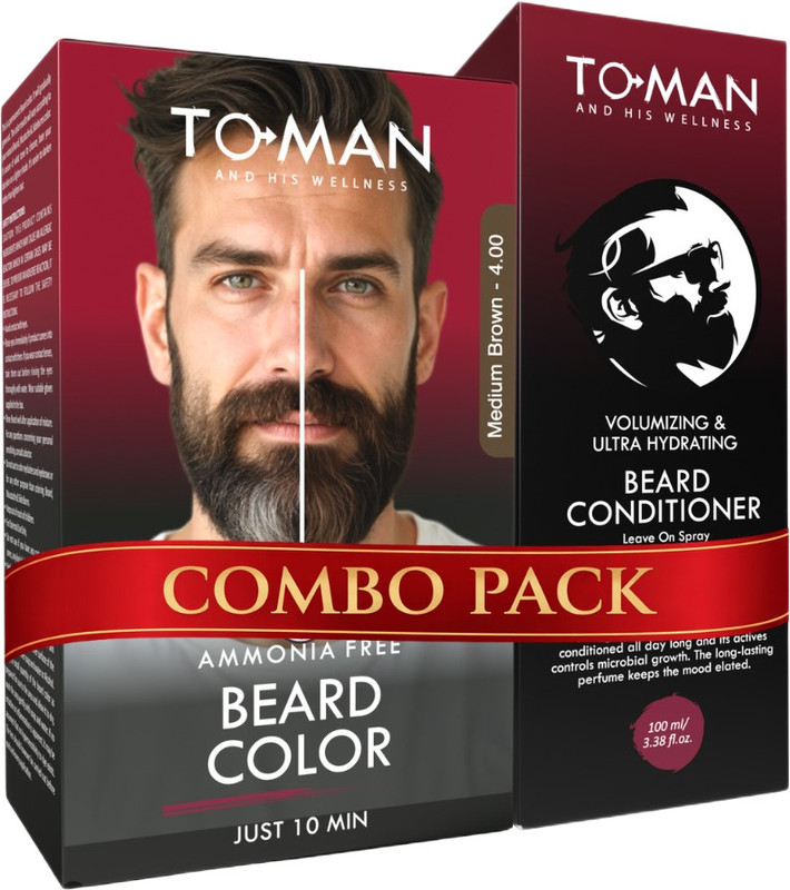 TO-MAN Ammonia-Free Beard Color & Leave-In Conditioner Combo for Men, Brown(2 Items in the set)
