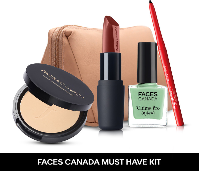 FACES CANADA Must Have Kit (Combo Of Kajal,Lipstick,Compact,Nail Enamel,Pouch)(5 Items in the set)