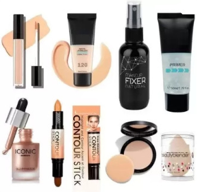 Wimble Face Makeup Liquid Shimmer Highlighter, HD Concealer, Matte Foundation, Fixer, Tube Primer, 3D Contour, Compact Powder Blender(8 Items in the set)