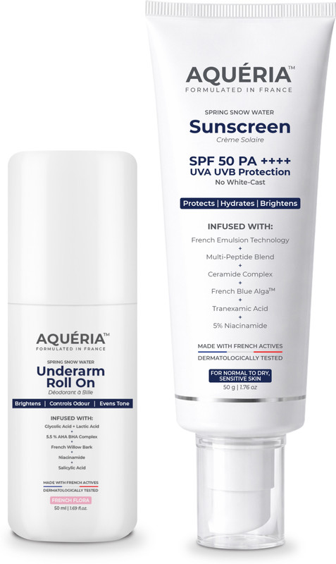 aqueria Daily Brightening Essentials Kit | Brightening French Sunscreen SPF 50 PA+++ (50g) & 5.5% AHA BHA Underarm Roll On (50ml)(2 Items in the set)