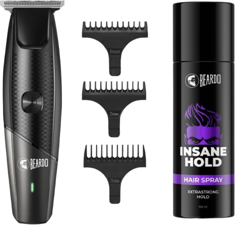 BEARDO APE-X EZ | Durable Blades | 7000 RPM Motor Trimmer 110 min Runtime 3 Length Settings & Hold Hair Spray for Men (135 g)(2 Items in the set)