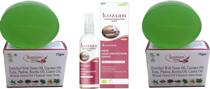 KOZIAN Natural hair protection spray with rosemary oil 100ml+ Neem Tulsi Coconut Castor, Wheat Germ Oil Soap 7gm(2 Items in the set)