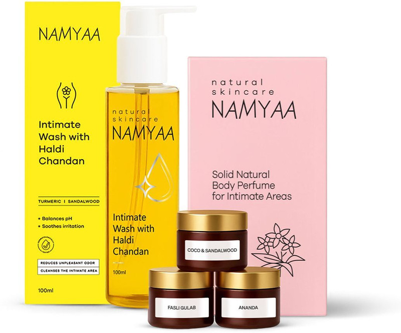 Namyaa Intimate Smell Good Valentine Edition Kit - Combo Pack of Intimate Solid Perfume& Haldi Chandan Intimate Wash|Free travel Pouch(2 Items in the set)