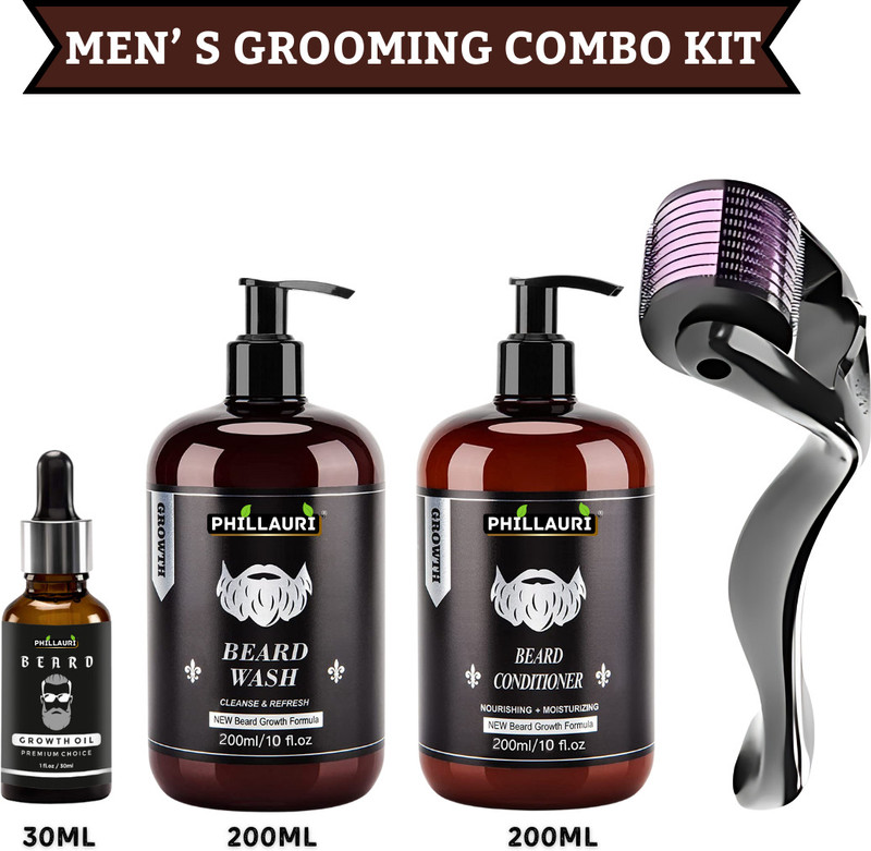 Phillauri Men's Beard Growth Combo Kit(Beard Growth Oil 30ML + Beard Wash 200ML + Derma Roller 0.5mm for Beard)(1 Items in the set)
