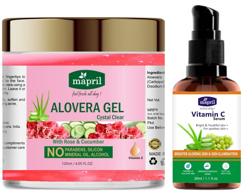 MAPRIL 15%Vitamin C Serum & Aloe vera Gel with Rose/Cucumber for Face & Hair(30+120-ML(2 Items in the set)